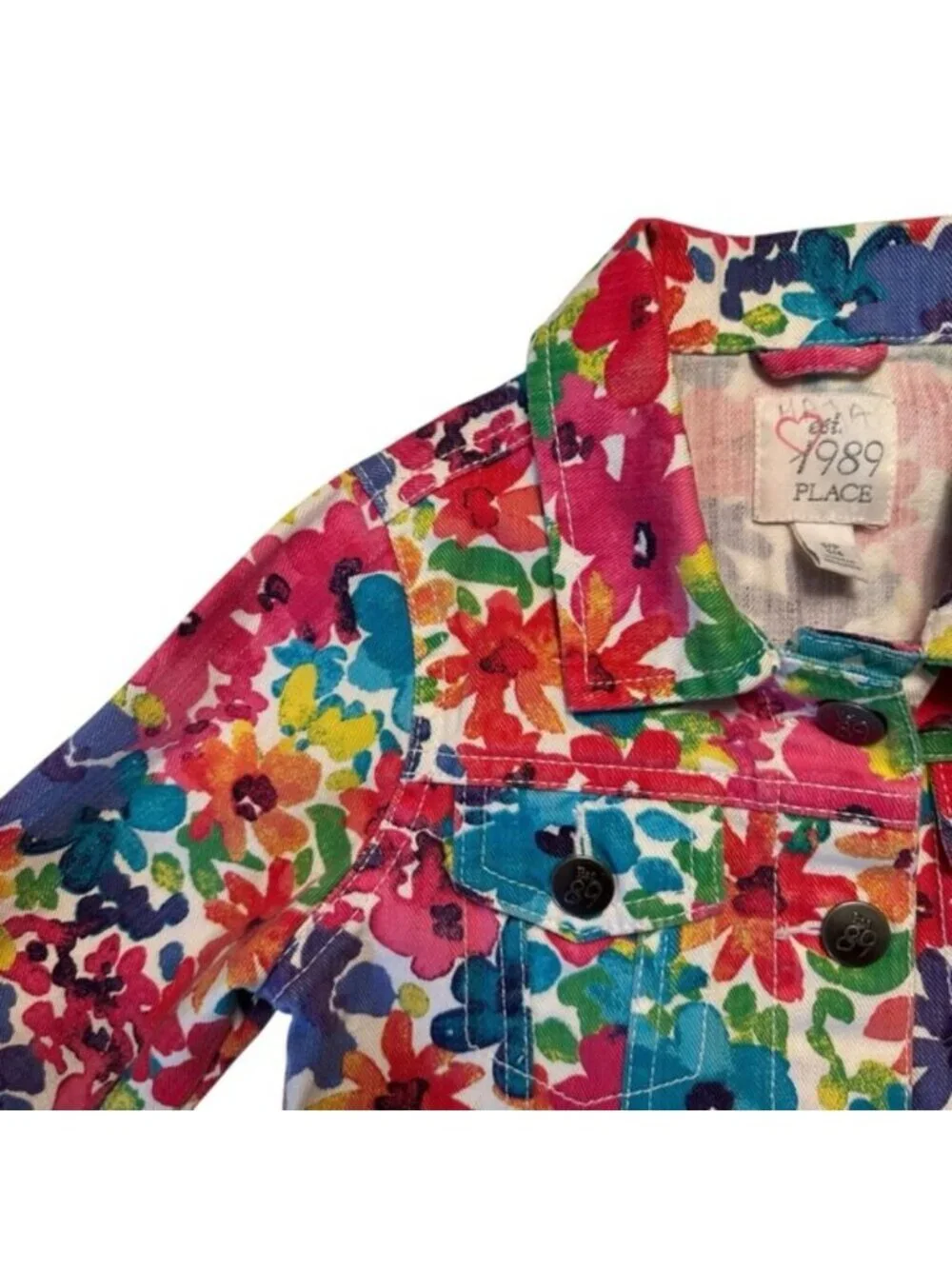 1989 Place | Kids Girl Red & Blue Floral Color Full Denim Jacket Size Small